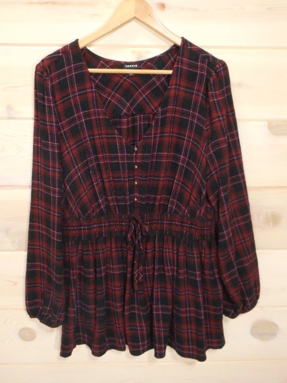 Torrid Size 1 Plaid Blouse Black Burgundy Tie Waist Long Sleeve Top 1X Peplum